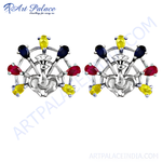 Load image into Gallery viewer, Sterling silver peacock earrings featuring ruby, sapphire, and yellow gemstones. Women's fashion jewelry.