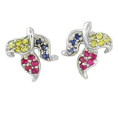 Silver leaf stud earrings with ruby & sapphire gemstones
