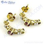 Load image into Gallery viewer, gold plating stud earrings with ruby and diamond gemstones for women.