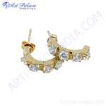 Load image into Gallery viewer, gold plating hoop earrings with round-cut, clear cubic zirconia stones. A beautiful, sparkling jewelry piece.