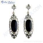 Load image into Gallery viewer, 925 sterling silver dangle earrings with black onyx gemstones and intricate detailing.