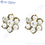 Load image into Gallery viewer, gold plating flower stud earrings featuring multiple clear diamonds. Elegant, floral design perfect for women.