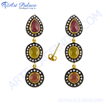 Load image into Gallery viewer, gold plating dangle earrings with ruby and sapphire gemstones, perfect for special occasions. Features a secure hook closure.