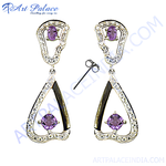 Load image into Gallery viewer, Sterling silver dangle earrings with purple amethyst gemstones and cubic zirconia accents