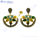 Load image into Gallery viewer, gold plating dangle earrings with gemstones and cubic zirconia detailing.