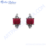 Load image into Gallery viewer, Silver stud earrings with radiant cut ruby gemstone, elegant design for women.