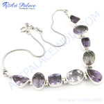 Load image into Gallery viewer, Sterling silver necklace with amethyst gemstones. Featuring different shaped purple amethyst stones.