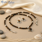 Load image into Gallery viewer, Tiger Eye Bead Necklace & Earrings Set | 925 Silver Jewelry