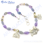 Load image into Gallery viewer, A close-up of a gemstone beaded necklace with purple and gray beads on a white background.
