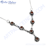 Load image into Gallery viewer, 925 sterling silver necklace with a series of carnelian gemstone clusters. Features a Y-shaped design with a delicate chain.