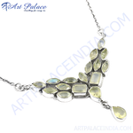 Load image into Gallery viewer, 925 sterling silver necklace featuring array of light green gemstones set in a unique pendant design.