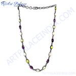 Load image into Gallery viewer, Silver chain necklace with alternating amethyst, mother of pearl, and citrine gemstones, perfect for daily wear.