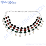 Load image into Gallery viewer, Silver multi-gemstone choker necklace with green, red, and black stones and pearl drops.