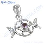 Load image into Gallery viewer, 925 sterling silver fish pendant with a purple amethyst gemstone center, ideal women's gift.