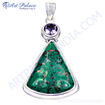 Load image into Gallery viewer, Sterling silver pendant featuring a triangular chrysocolla stone with a round amethyst accent.