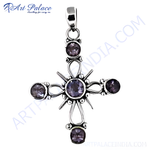 Load image into Gallery viewer, 925 sterling silver amethyst cross pendant with purple gemstones.