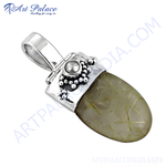 Load image into Gallery viewer, 925 sterling silver rutilated quartz pendant. Features a light green translucent stone with gold plating needle inclusions.