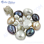 Load image into Gallery viewer, Close-up of a pearl cluster pendant necklace with various pearl colors and a silver wire setting.