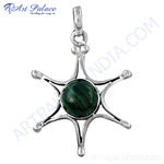 Load image into Gallery viewer, 925 sterling silver starburst pendant with a round green malachite gemstone in the center.