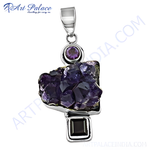 Load image into Gallery viewer, Sterling silver pendant necklace with large rough-cut amethyst gemstone, purple accent stones and silver setting.