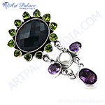 Load image into Gallery viewer, 925 sterling silver pendant necklace with a large black onyx center stone, peridot accents, and amethyst details.
