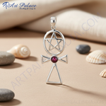 Load image into Gallery viewer, 925 Silver Pentagram Cross Pendant with Garnet | Wiccan Jewelry