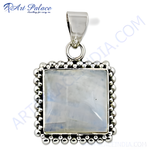 Load image into Gallery viewer, 925 sterling silver moonstone square pendant. Features a milky, iridescent gemstone center.