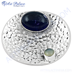 Load image into Gallery viewer, 925 sterling silver hammered ring with a large blue gemstone and a smaller green stone.