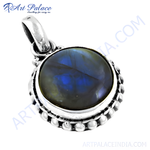 Load image into Gallery viewer, 925 sterling silver labradorite pendant with a round, iridescent blue gemstone, perfect for necklace.
