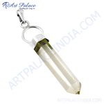 Load image into Gallery viewer, Sterling silver quartz crystal pendant, clear and light green gemstone, hexagonal shaped, for women.