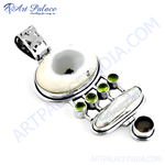 Load image into Gallery viewer, 925 sterling silver pendant with dendritic opal, peridot stones, and pearl. A stunning piece of gemstone jewelry.