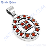 Load image into Gallery viewer, Sterling silver pendant with oval design and multiple red coral gemstones, perfect for women.