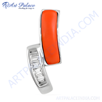 Load image into Gallery viewer, Sterling silver pendant featuring a vibrant orange coral insert and sparkling baguette diamonds. Modern and elegant jewelry.