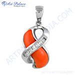 Load image into Gallery viewer, 925 silver coral pendant with diamond accents, orange gemstone, fashion jewelry.