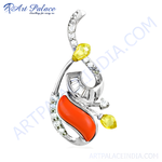 Load image into Gallery viewer, Silver pendant with coral and yellow gemstones, a unique and modern jewelry piece