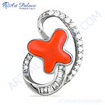 Load image into Gallery viewer, Sterling silver pendant necklace with a red coral cross design and sparkling cubic zirconia accents.