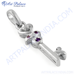 Load image into Gallery viewer, 925 sterling silver key pendant with purple amethyst gemstones