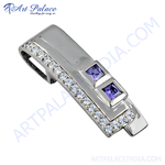 Load image into Gallery viewer, Silver pendant with white and purple gemstones, a stylish and elegant jewelry piece.