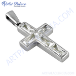 Load image into Gallery viewer, Sterling silver cross pendant with baguette-cut clear cubic zirconia stones.