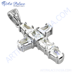 Load image into Gallery viewer, 925 sterling silver cross pendant necklace with baguette-cut cubic zirconia gemstones.