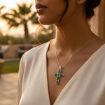 Load image into Gallery viewer, 925 Silver Cross Pendant Necklace with Green Gemstone | Gift