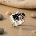 Load image into Gallery viewer, 925 Silver Pearl & Onyx Ring for Women | Statement Jewelry