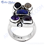 Load image into Gallery viewer, Sterling silver ring with multiple colorful gemstones, including amethyst and lapis lazuli. Statement ring design.
