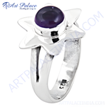 Load image into Gallery viewer, 925 sterling silver amethyst flower ring with a round, deep purple gemstone center
