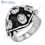 Load image into Gallery viewer, Sterling silver gemstone ring with black enamel detailing and multiple white gemstones.
