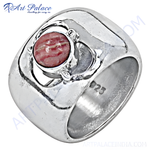Load image into Gallery viewer, 925 sterling silver ring with a round pink and red rhodochrosite gemstone.