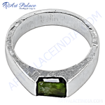 Load image into Gallery viewer, Men's silver ring with a rectangular green gemstone set in a polished band.