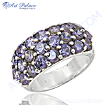 Load image into Gallery viewer, 925 sterling silver ring featuring multiple round-cut purple gemstones. Cocktail ring for women.