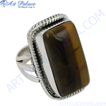 Load image into Gallery viewer, Sterling silver ring with a large rectangular tiger eye stone in a brown and gold color