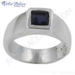 Load image into Gallery viewer, Sterling silver men's ring with a square-cut dark blue sapphire gemstone.